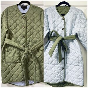 J. Crew Olive and Light Blue Quilted Belted Jacket